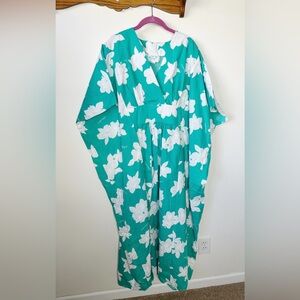 Vintage Jade Fashions Teal Green Hibiscus Floral Caftan Maxi Dress One Size